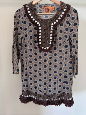 Tory Burch Geometric Tunic with Embellished Fringe size 4